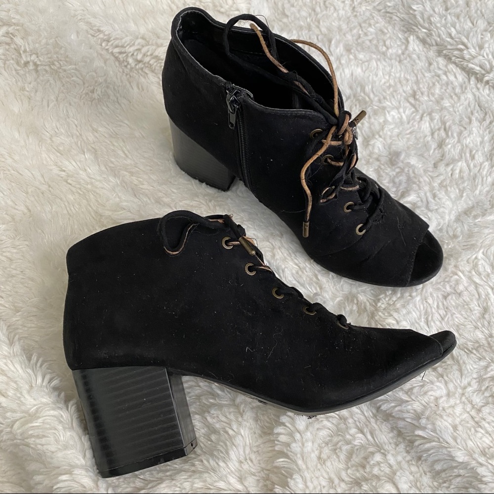 Bamboo Black Suede Lace Up Peep Toe Bootie - Picture 3 of 10